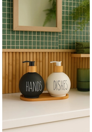 Bambu Standlı Cam Sıvı Sabunluk Seti 500 Ml Çiftli Dispenser Hands & Dishes Yazılı, Siyah-beyaz Siyah Beyaz