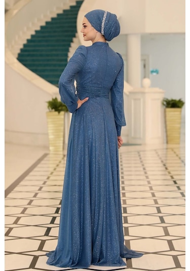 Raika Moda Şık Tasarım Tül Kübra Abiye İndigo