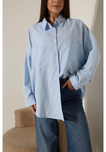 Yeni Sezon Poplin Kumaş Çift Cepli Oversize Pamuklu Kadın Tunik Gömlek Mavi