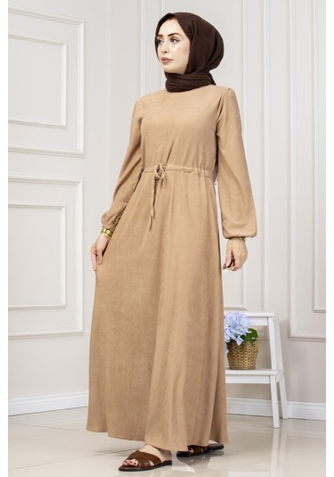 Beli Tünelli Fitilli Aslı Elbise-vizon-5464 Vizon