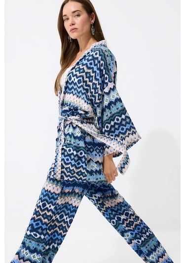 DeFacto Relax Fit Desenli Kuşaklı Kimono D5443AX25SPIN59 İndigo