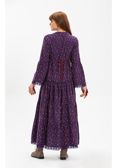 Uzun Kol Seçil Pazen Uzun Elbise Çıtır Desen Mor Mor