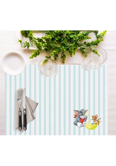 Adawall Home Tom And Jerry Striped Kumaş Amerikan Servis 4'lü Set Beyaz - Mavi