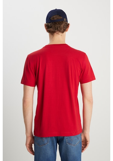%100 Pamuk Regular Fit Normal Kesim Bisiklet Yaka Minimal Logo Kırmızı Tişört Scarlet Red