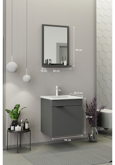 Biani Fix Arya 55 Cm Banyo Dolabı,Seramik Lavabolu, Aynalı,Lavabo Dahil,Mdf,Mat Gri Biani Fix Arya 55 Cm Banyo Dolabı,Seramik Lavabolu, Aynalı,Lavabo Dahil,Mdf,Mat Gri