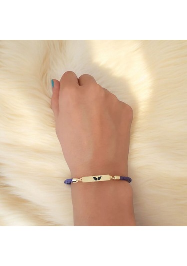 Archin Kanat Temalı Dikdörtgen Motifli Mor Derili 14 Ayar Altın Plakalı Hediye Bileklik-412sembol Kanat