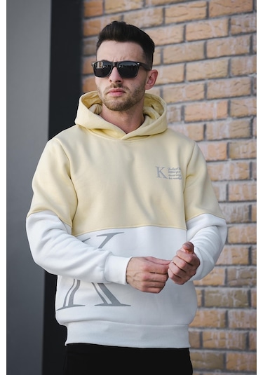 Oksit Kewin Üç İplik Şardonlu Baskılı Çift Renk Parçalı Kapüşonlu Erkek Sweatshirt 001
