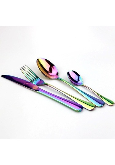 Agoodshop Altın Gümüş 4 Adet Yemek Takımı Seti Paslanmaz Çelik Renkli Gökkuşağı Çatal Bıçak Takımı Gümüş
