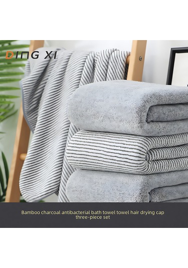 Gajeena Bambu Kömürlü Koral Yünlü 3'lü Havlu Seti - Yıkama, Plaj Ve Saç Kurutma Havlusu, Yüksek Su Absorpsiyonu, Çizgili Desen