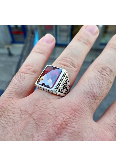 Fkgümüş Burgu İşlemeli Faset Kesim Kırmızı Taşlı Erkek Yüzük