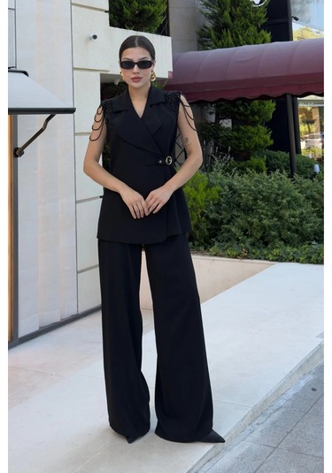 Omuz İşleme Detaylı Asimetrik Abiye Takım 2389-siyah Siyah