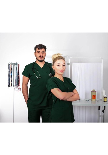 Likralı Cerrahi Forma Unisex Hemşire Doktor Sağlıkçı Forması Scrubs Üniforma Çam Yeşili