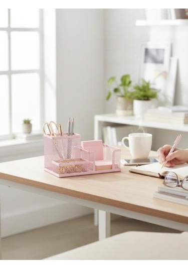 Need Nd-1033 Metal Mesh Masaüstü Organizer 3 Bölmeli, Çok Amaçlı Düzenleyici Pembe