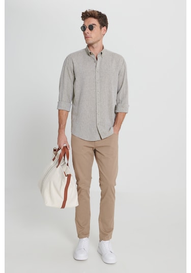 Erkek Hakı Comfort Fit Rahat Kesim Düğmeli Yaka Keten Gömlek Haki