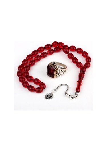 Fkgümüş 925 Ayar Gümüş Kırmızı Sıkma Kehribar Taşlı Yüzük Ve Tesbih Silver