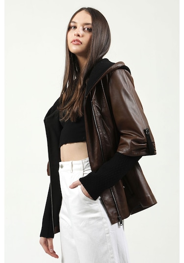 Dericlub Larissa Kadın Kapüşonlu Hakiki Deri Kaban Camel Antik Null Camel