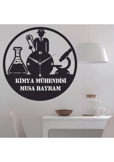 Kimya Mühendisi Temalı Ahşap Duvar Saati Siyah