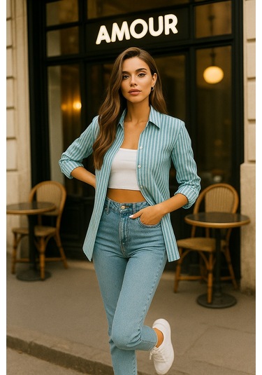 Kadın Çizgili Oversize Gömlek Mint Yeşili Beyaz Pamuk Gömlek Mint Yeşili