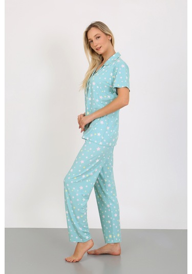 Nisanca Kısa Kollu Milan Gömlek Pijama Takımı- Genç Anne Serisi mavi