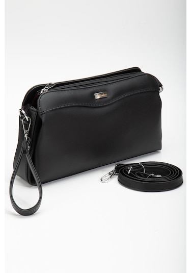 Kadın Portföy Cüzdan Çanta Siyah 3 Bölmeli Uzun Kısa Askılı-3221 Siyah