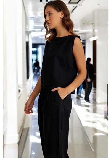 Yazlık Alt Üst Kolsuz Keten Takım siyah