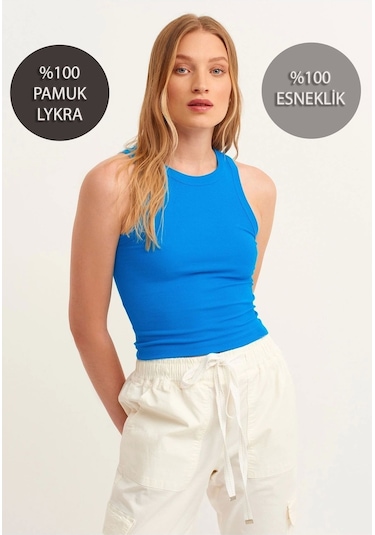 Mea Capio Kadın Mavi Fitilli Halter Yaka Örme Atlet Mavi