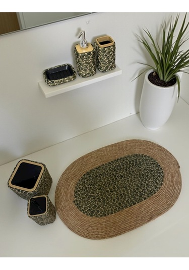 Doğal Dokulu Hasır Görünümlü 6 Parça Banyo Takımı Zarif Ve Modern Yeşil