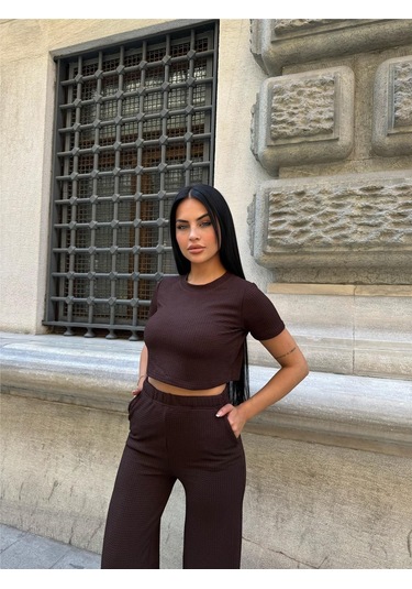 Kahve Modal Elastan Bisiklet Yaka Takım Kahve