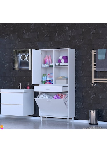 Modilayn Afra 70x173x32,5cm 1 Çekmece, 2 Göz Sepet, 1 Kapak, 4 Raf Dar Alan Banyo Dolabı Beyaz