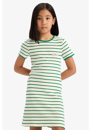 DeFacto Kız Çocuk Bisiklet Yaka Fitilli Kaşkorse Kısa Kollu Çizgili Yazlık Elbise E3830A825SMGN154