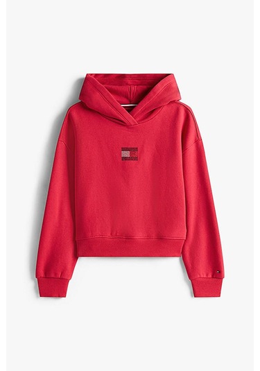 Kız Çocuk Rahat Kalıp Taşlı Amblemli Kapüşonlu Sweatshirt - Kırmızı Ruby Rhubarb