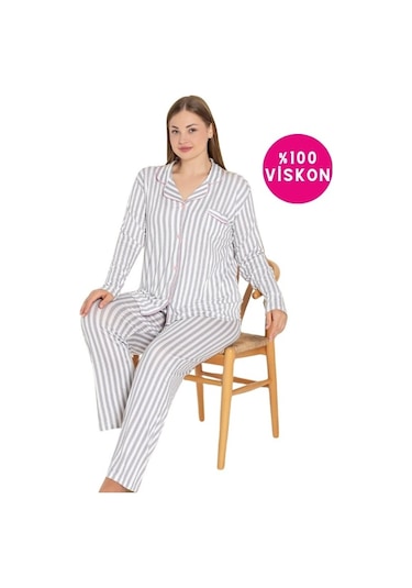 Kadın Büyük Beden Viskon Önden Düğmeli Göğüs Cepli Uzun Pijama 001