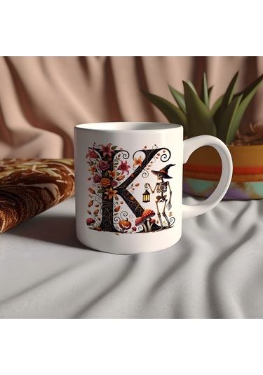 K Harfi Şapkalı İskelet Figürlü Ve Çiçekli Kupa Bardak - Cadılar Bayramı / Halloween Özel Hediye Beyaz