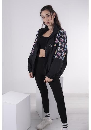 Erkek Kadın Siyah Beyaz Kaset Desenli Bomber Siyah