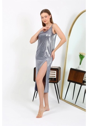Giyim Kadın İp Askılı Uzun Parlak Micro Elbise Gecelik Gri Gri