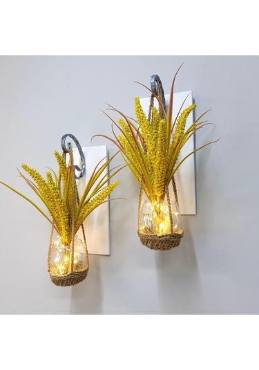 Duvar Dekoru, Led Işıklı, Sarı Cipso Çiçekli, Beyaz Aplik İkili Set