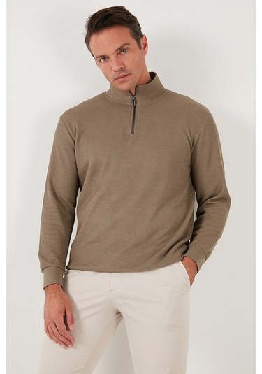 Buratti Pamuklu Regular Fit Yarım Fermuarlı Dik Yaka Erkek Sweat 5905716 Koyu Vizon