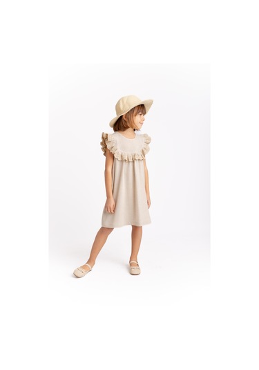 Robadan Fırfır Nakışlı Keten Kız Çocuk Elbise Naturel Naturel Bej