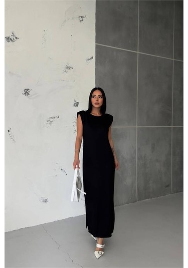 Neşeli Butik Kadın Vatkalı Yırtmaç Detaylı Modal Elbise Nbg010 Siyah
