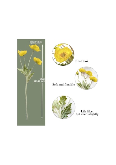 Yapay Çiçek Gelincik Çiçeği Sarı Renk 3 Çiçek 1 Tomurcuk 59cm