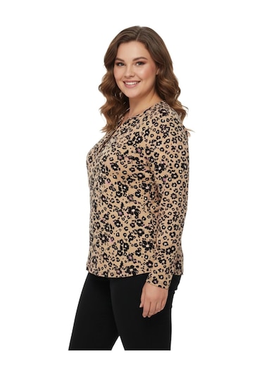 Linsolita Kadın V Yaka Baskılı 2 Düğmeli Bluz Bgl-st05093 CAMEL