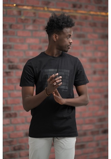 Slim Fit Pamuklu Önü Baskılı Sıfır Yaka T-shirt Siyah