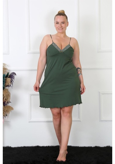 Akbeniz Kadın Haki Pamuklu İp Askılı Büyük Beden Gecelik 985-haki Haki