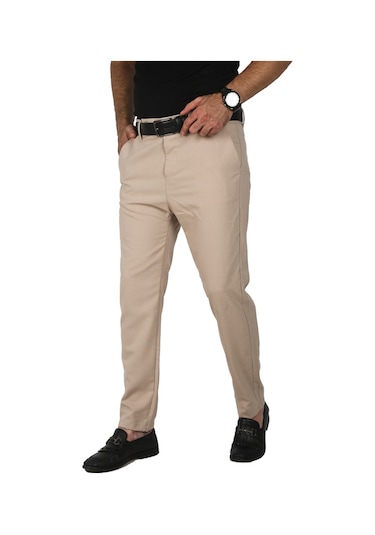 Deepsea Erkek Bej İtalyan Kesim Tüylenmez Likralı Spor Pantolon Esnek Kumaş Bilek Boy Boru Paça Klasik Pantolon 2502005 Bej