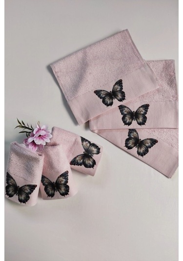 3'lü Dijital Baskılı Mutfak Havlu Takımı Kelebekli Bambu El Havlusu Seti Ekstra Yumuşak Pudra Pudra