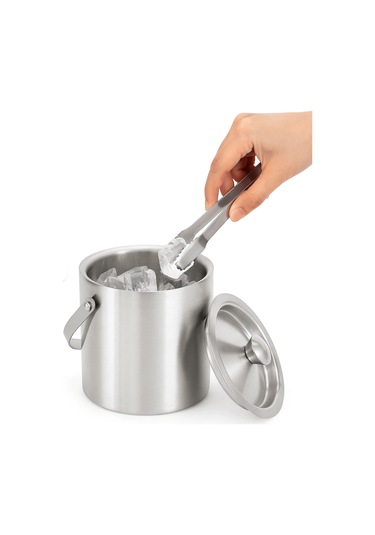 Paslanmaz Çelik Çift Cidar Taşınabilir Saplı - Kapaklı 1 Lt. Buz Kovası Gri