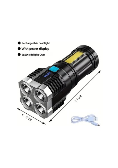 Aubyhe Usb Şarjlı Dört Led Işık, Cob Yan Aydınlatma, 400mah Pil, Su Geçirmez, Taşınabilir Dış Mekan El Feneri Siyah
