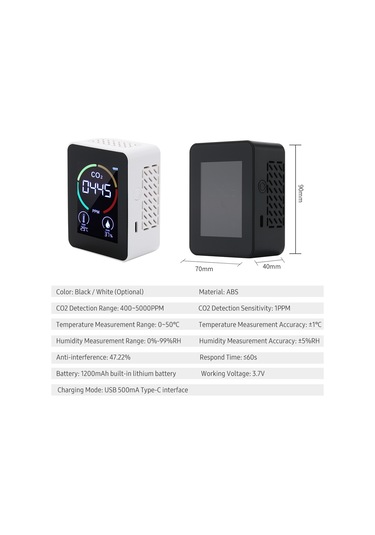 Yunboo Beyaz Mini Usb Li-pil Co2 Tespit Cihazı - Oda Sıcaklığı, Nem Ve Hava Kalitesi İndeksi Ölçer Pil Dahil