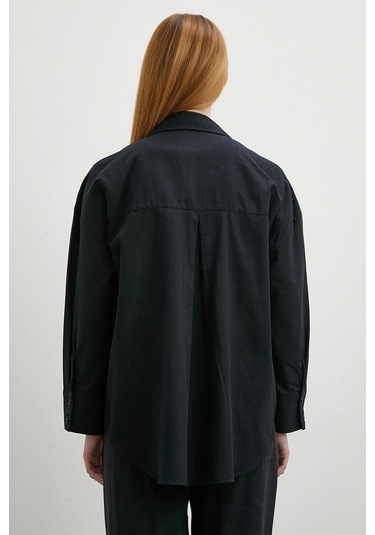 Keten Karışımlı Oversize Gömlek Siyah Siyah