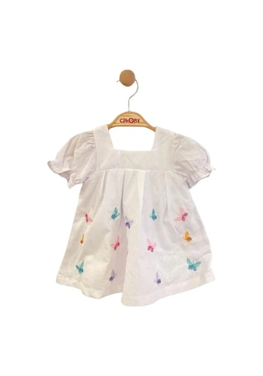 Çikoby Kız Bebek Pamuklu Kelebek Desenli Elbise-13885 Beyaz